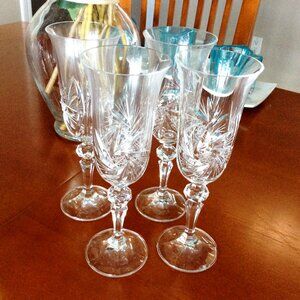 4 Vintage Champagne Glasses Flutes, Pinwheel Crystal